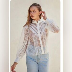 Vici White Sheer Lace Ruffled High-Neck Blouse